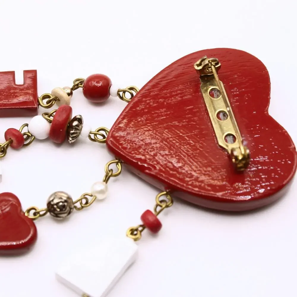 Vintage Red White Heart Dangle Pin Brooch LOVE Letters Valentine Kitsch Hey Viv